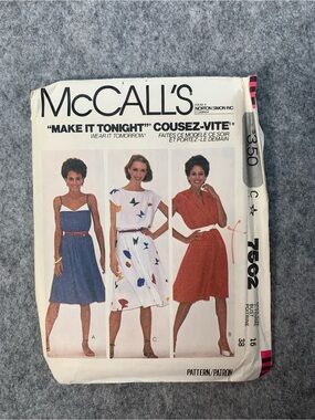 Vintage McCall's 7562 misses' pullover dress and belt sewing pattern from 1981.